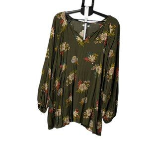 Women's Sonoma Ruffled Peasant V Neck Long Sleeve Olive w/ flowers  Blouse - 4X